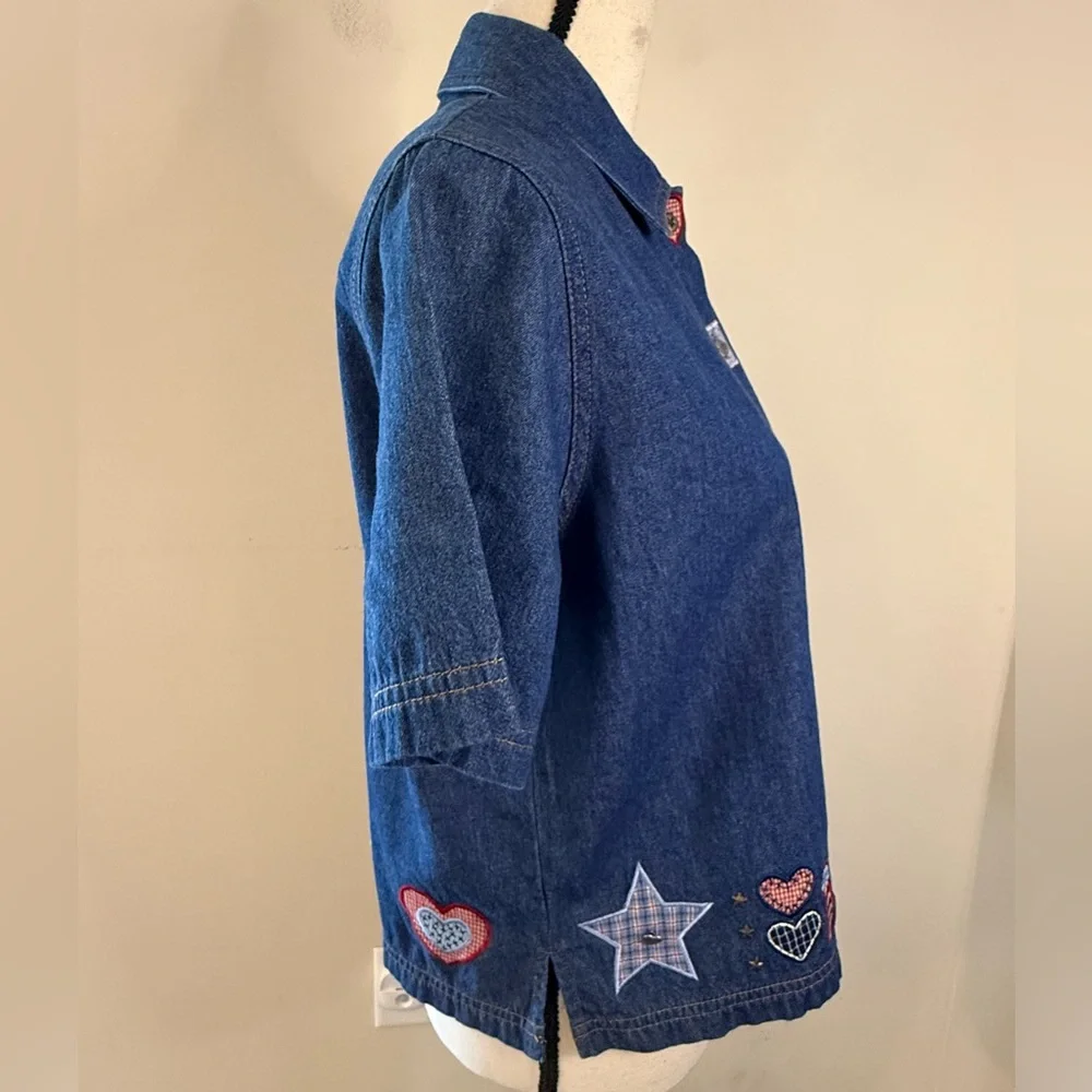 Koret vintage cotton denim patchwork embroidered short sleeve shirt SZ SM - Picture 2 of 12